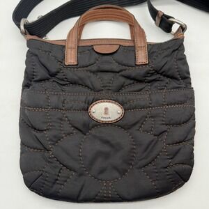 Fossil Key-Per Black Quilted Nylon Crossbody Bag Brown Leather Trim Y2K